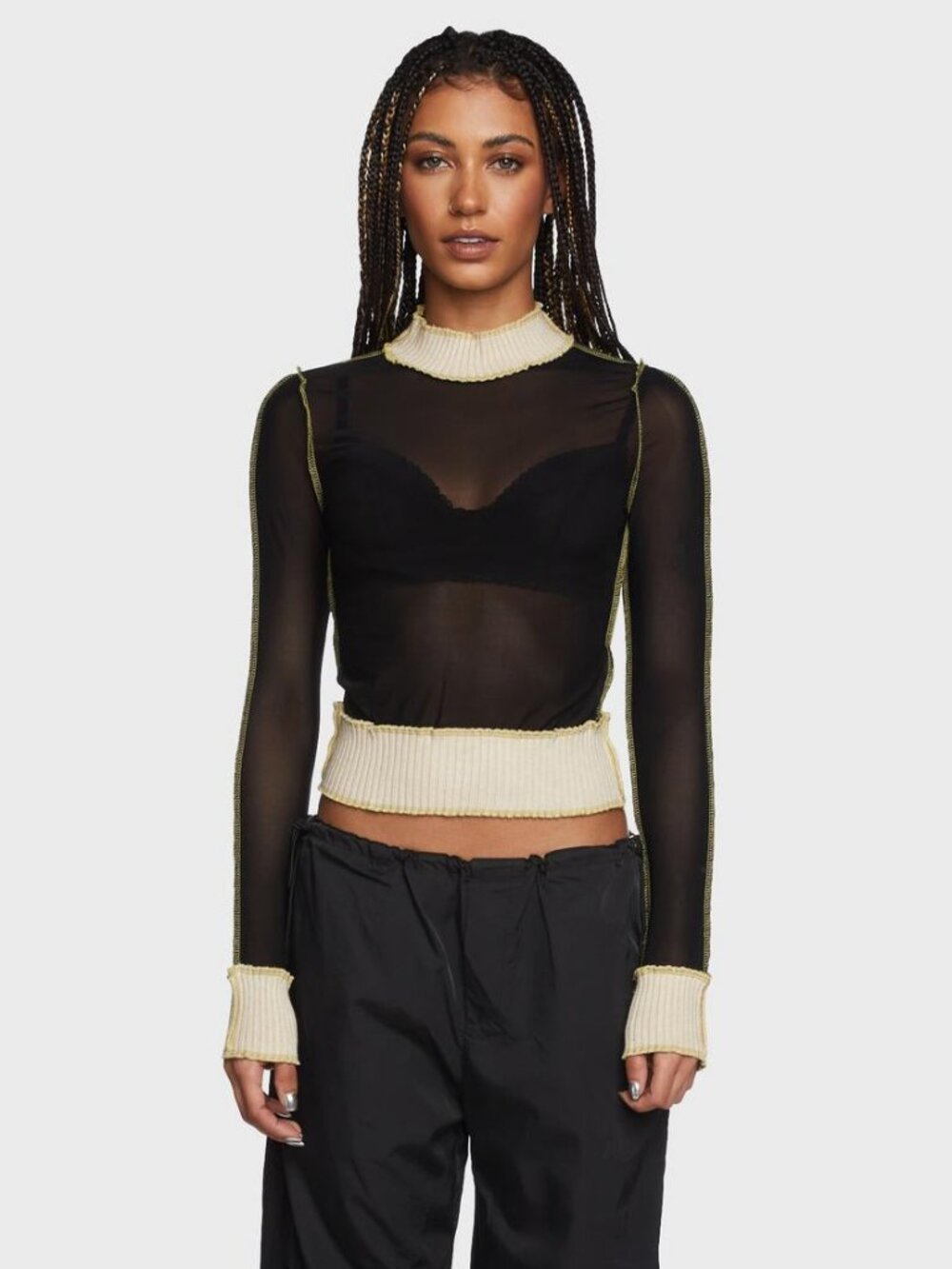 Women's shirt Blue Blush by Dressed in LALA black cropped long sleeve mesh shirt